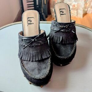 Lei Vintage Y2k Black Tassel Platform Mule Clog Heels